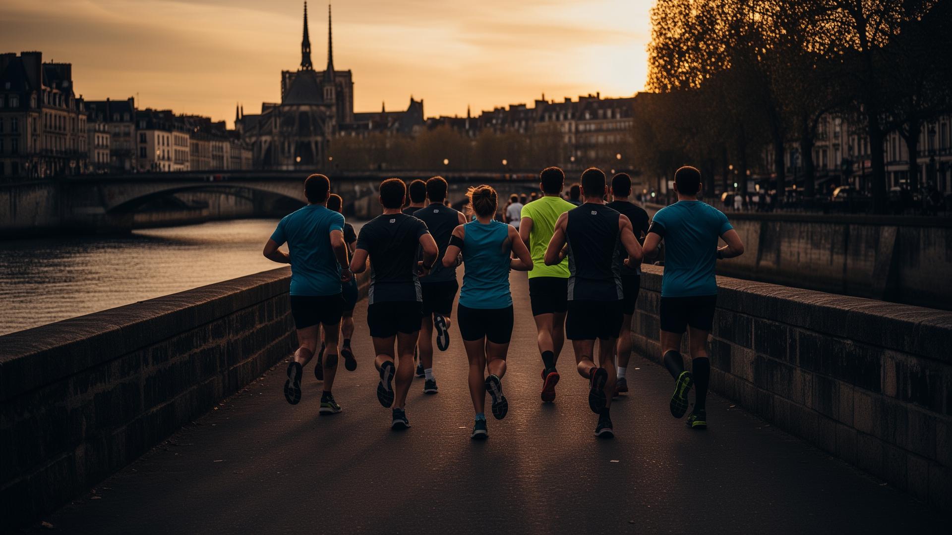 Groupe de runners courant en ville au coucher du soleil